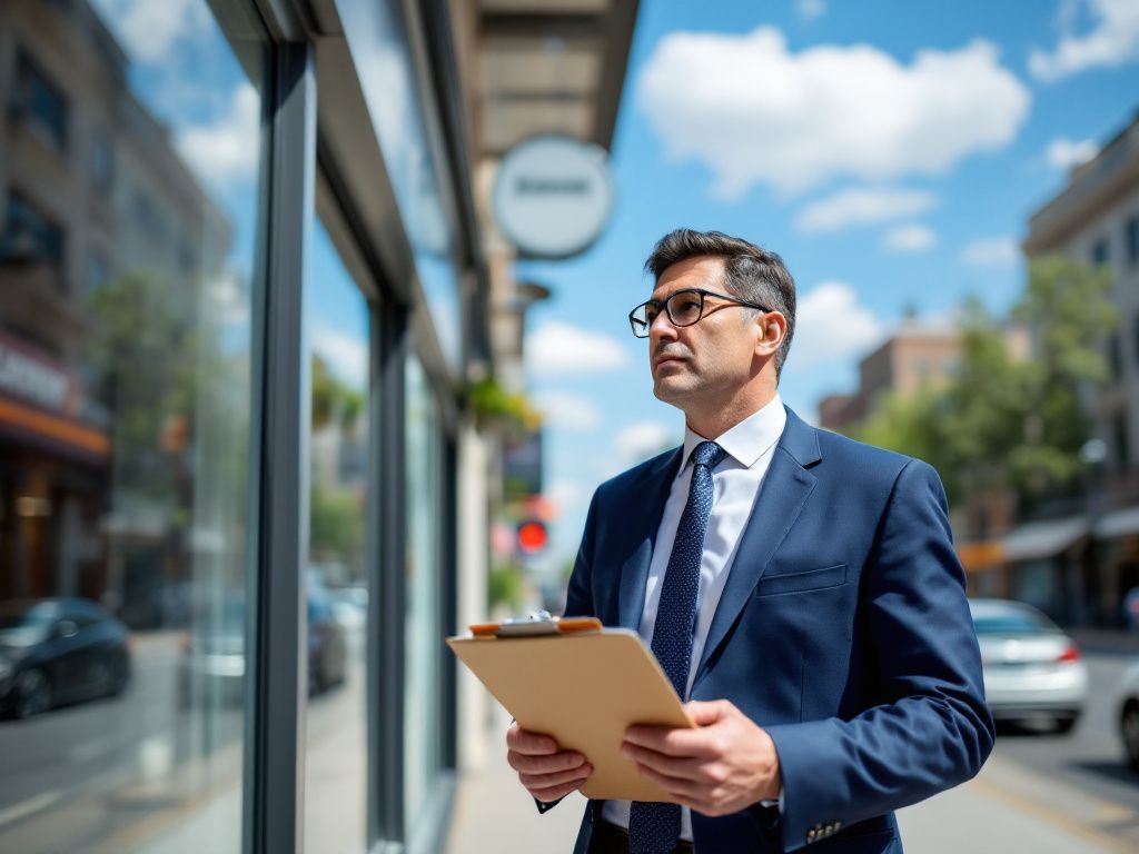 Un agent immobilier avec des documents en main se tient debout devant une vitrine